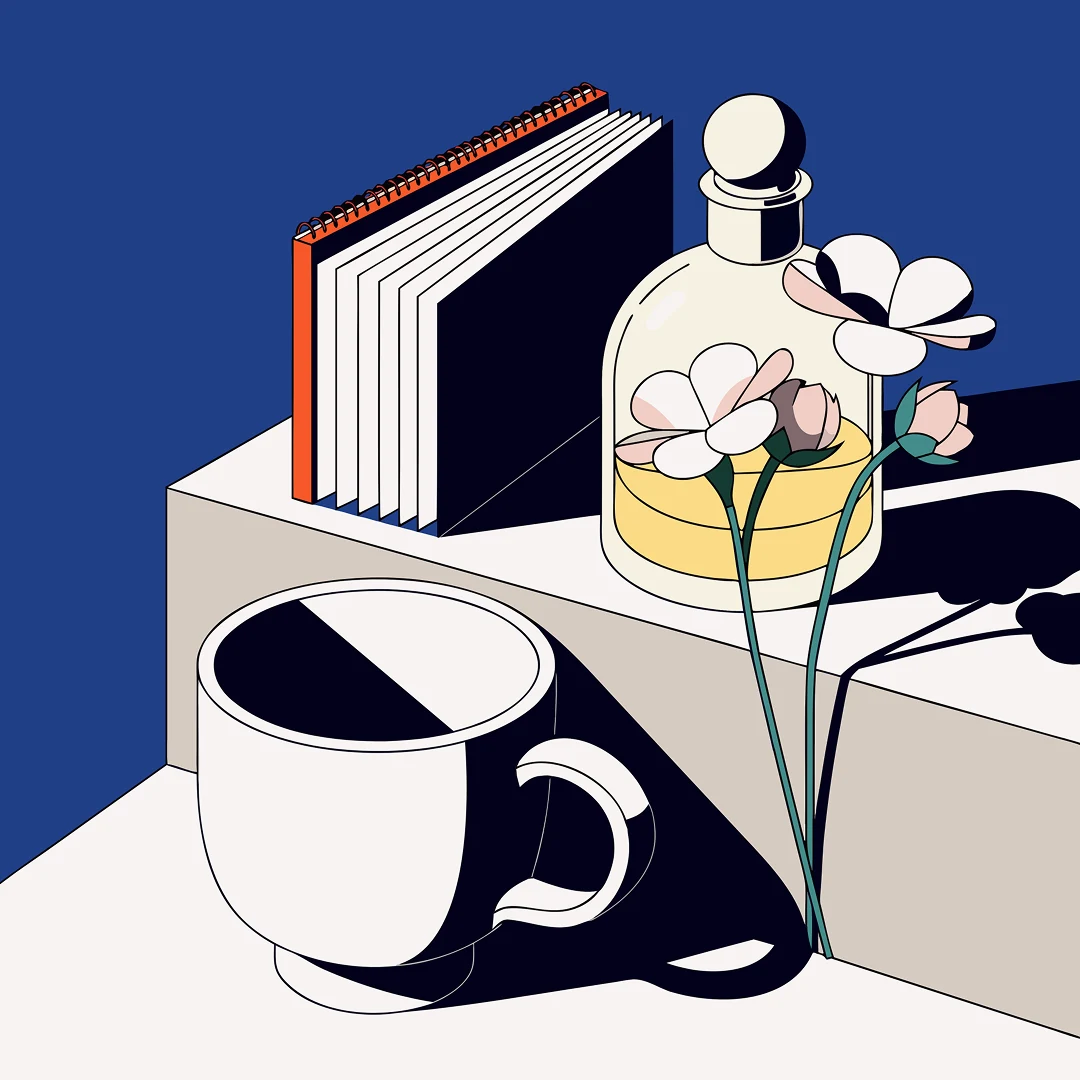 Плоский векторный натюрморт с чашкой, книгами и цветком на синем фоне